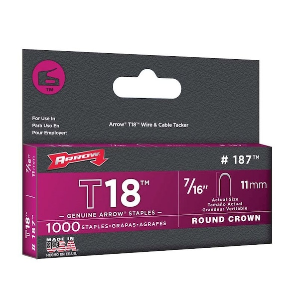 Arrow Fastener Heavy Duty Staples, 18 ga, Round Crown, 7/16 in Leg L, Steel 187 - main
